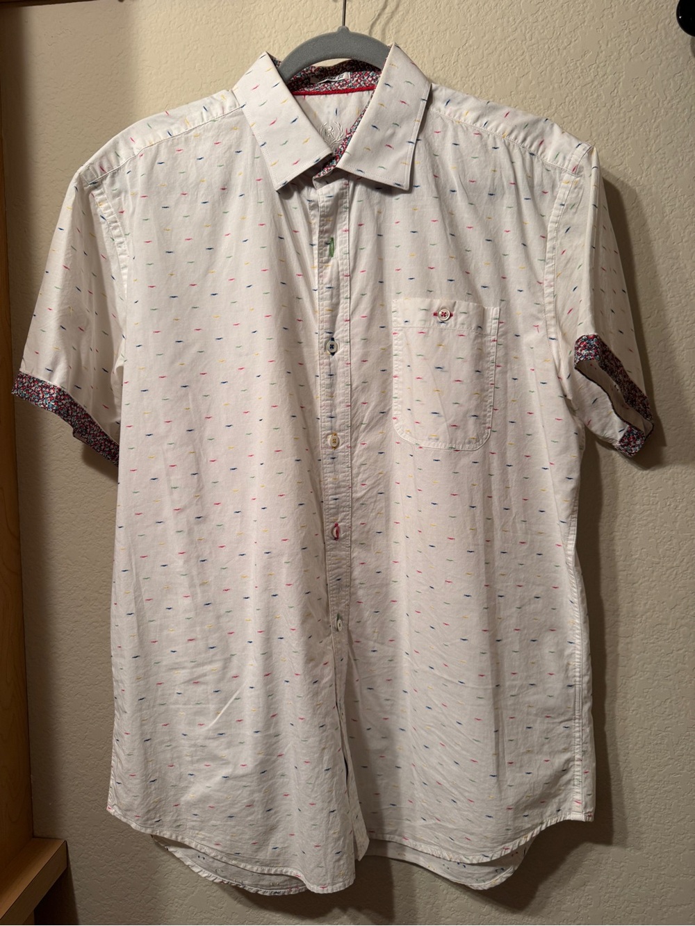 Bugatchi White Short-Sleeve Button-Up Shirt - Multicolor Dots, Large Shaped Fit